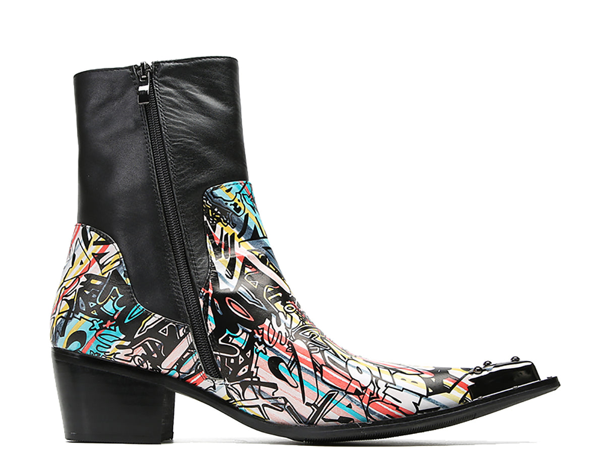 Mens Genuine Leather Metal-Wingtip Graffiti Mid Top Western Boots