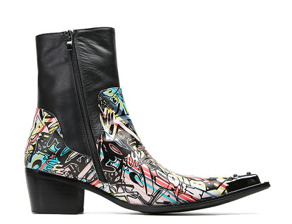Mens Genuine Leather Metal-Wingtip Graffiti Mid Top Western Boots