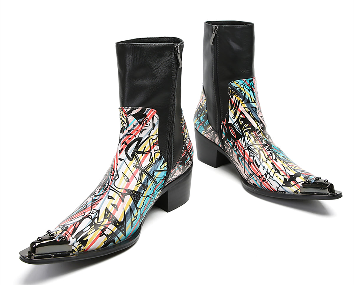 Mens Genuine Leather Metal-Wingtip Graffiti Mid Top Western Boots