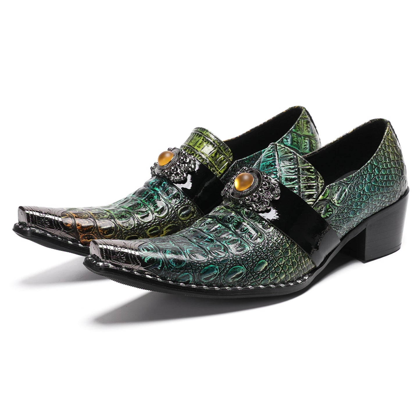 Mens Crocodile Embossed Leather Loafers Metal Toe Dress Shoes
