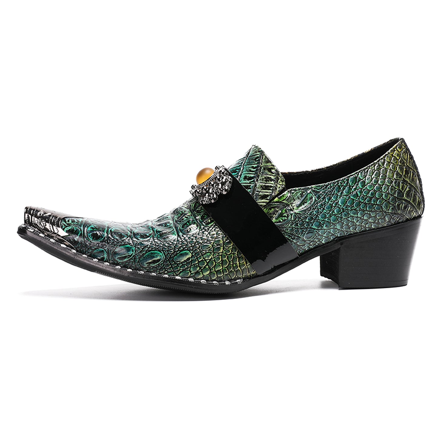 Mens Crocodile Embossed Leather Loafers Metal Toe Dress Shoes