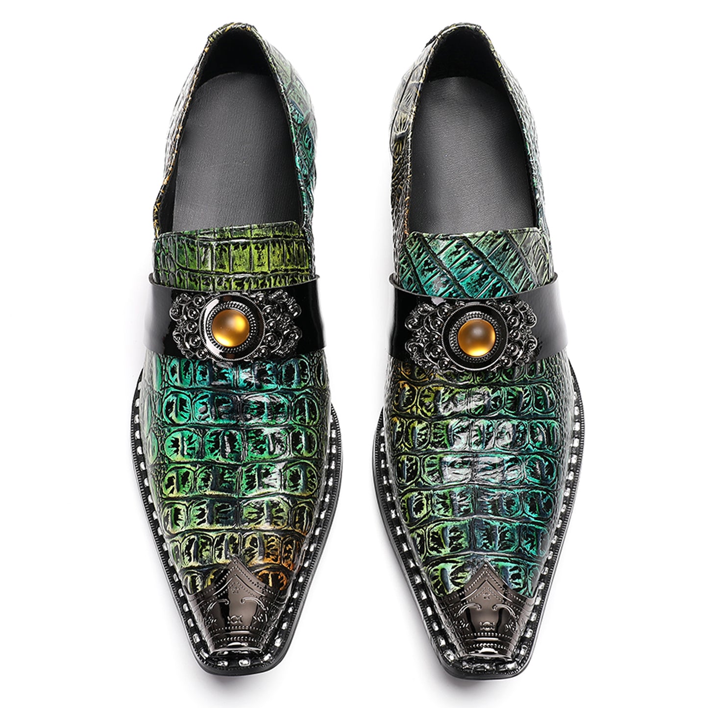 Mens Crocodile Embossed Leather Loafers Metal Toe Dress Shoes