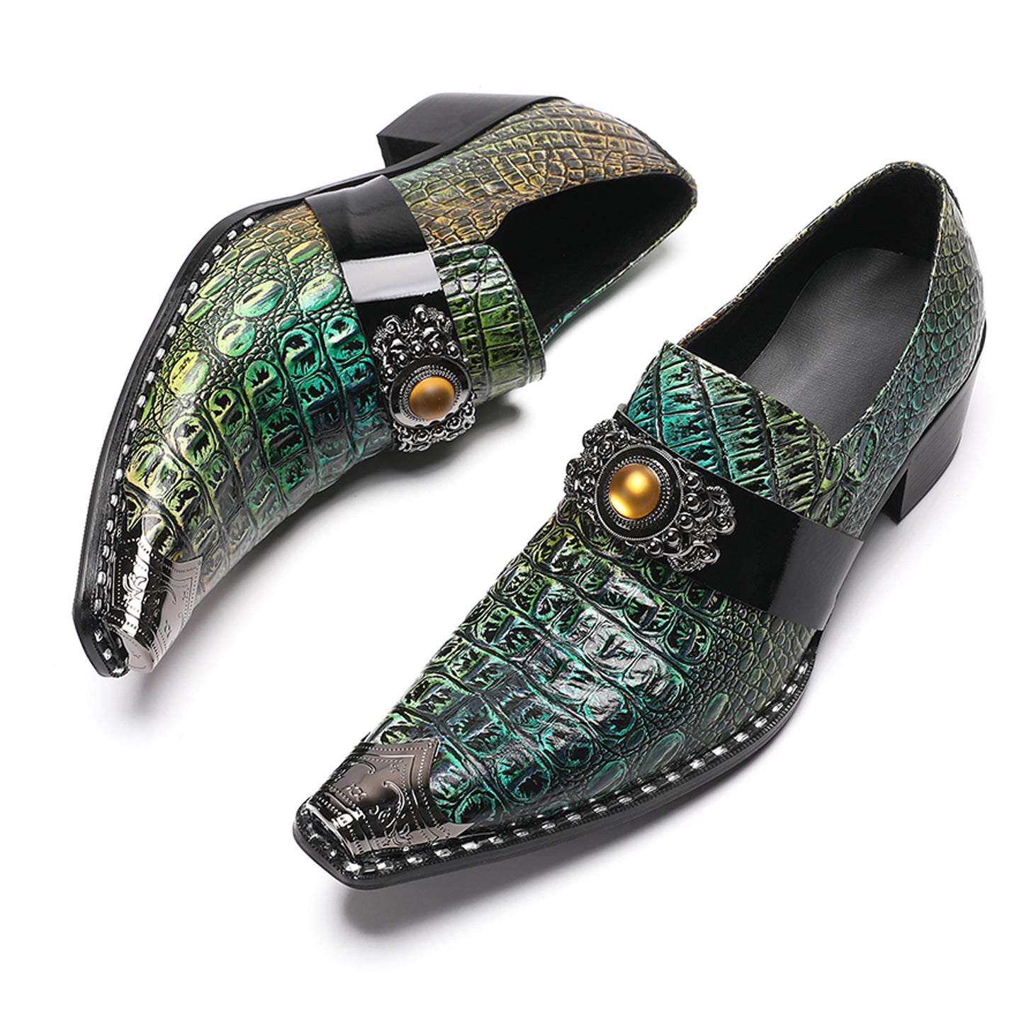Mens Crocodile Embossed Leather Loafers Metal Toe Dress Shoes