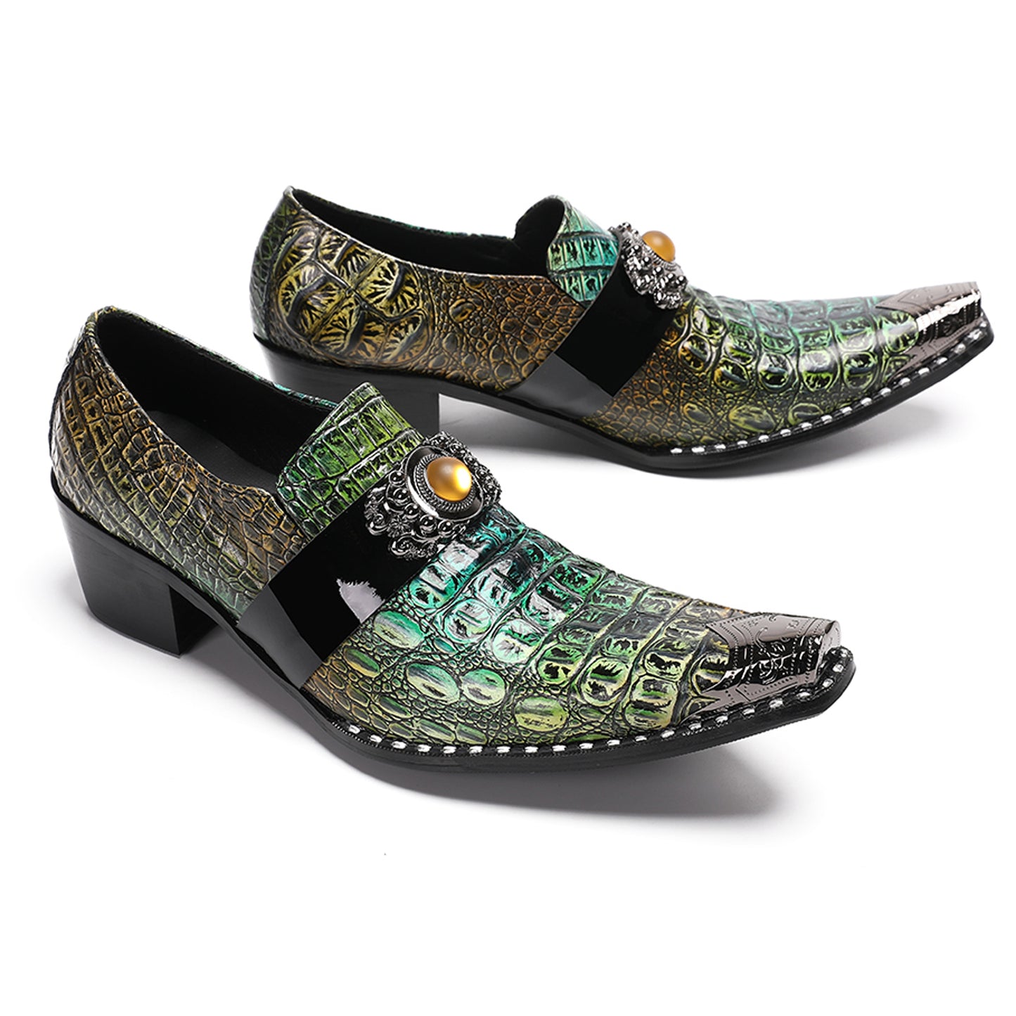 Mens Crocodile Embossed Leather Loafers Metal Toe Dress Shoes