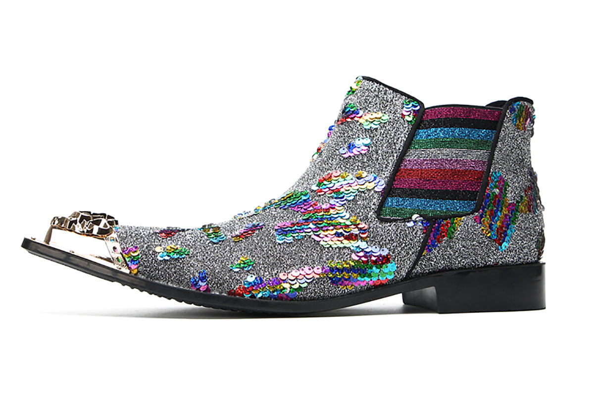 Mens Genuine Leather Metal Pointed Toe Sequins Glitter Ankle Western Chelsea Boots