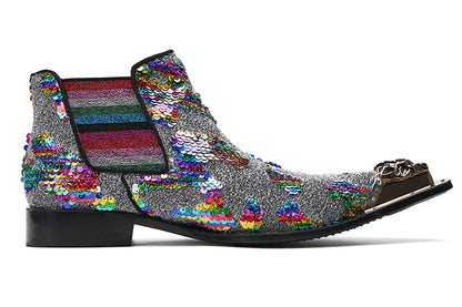 Mens Genuine Leather Metal Pointed Toe Sequins Glitter Ankle Western Chelsea Boots