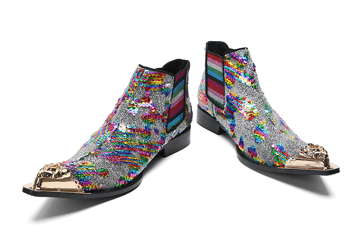 Mens Genuine Leather Metal Pointed Toe Sequins Glitter Ankle Western Chelsea Boots