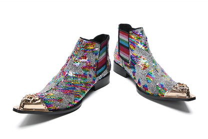 Mens Genuine Leather Metal Pointed Toe Sequins Glitter Ankle Western Chelsea Boots