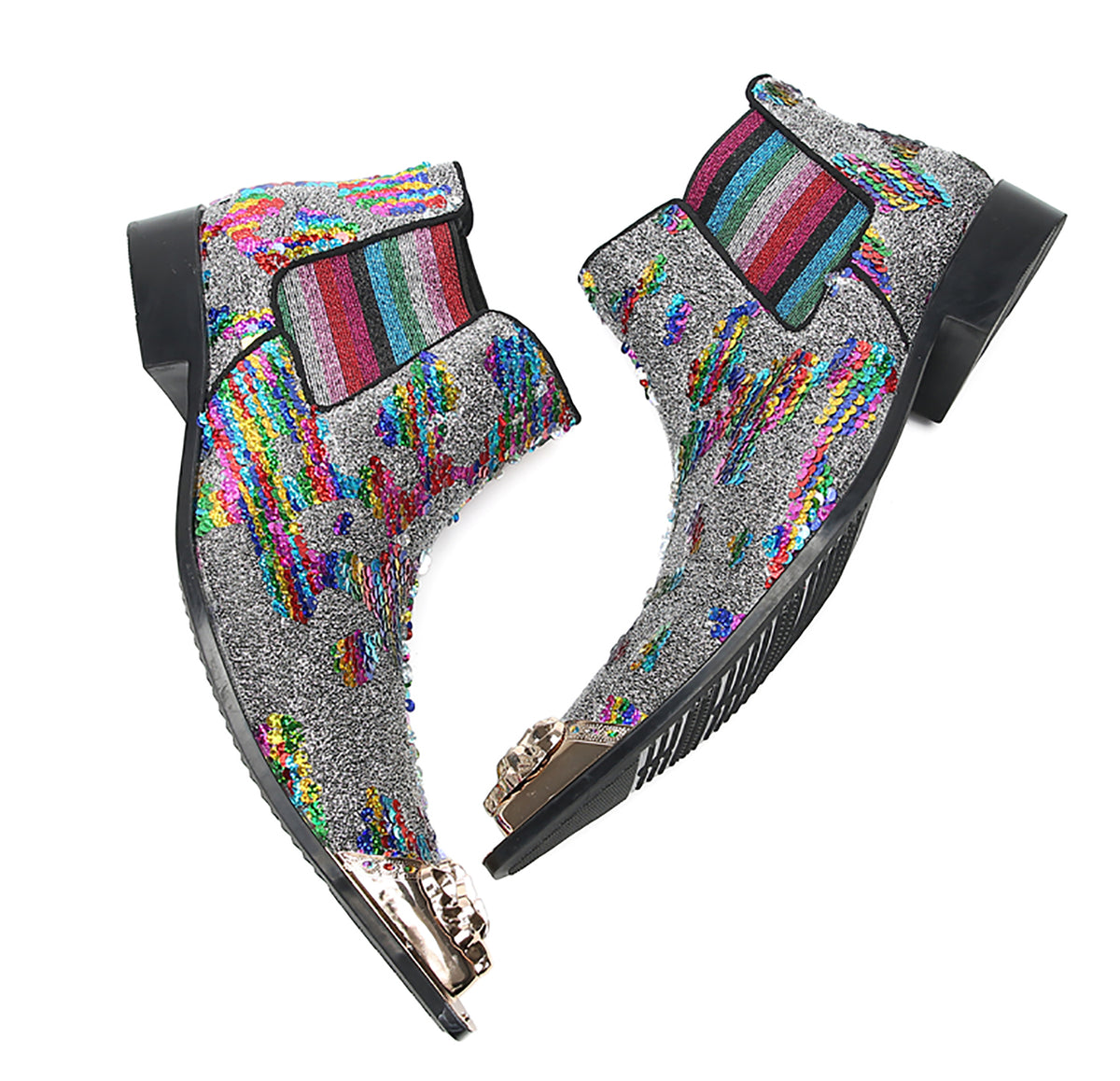 Mens Genuine Leather Metal Pointed Toe Sequins Glitter Ankle Western Chelsea Boots