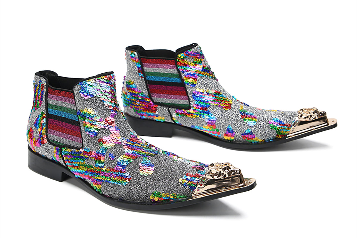 Mens Genuine Leather Metal Pointed Toe Sequins Glitter Ankle Western Chelsea Boots