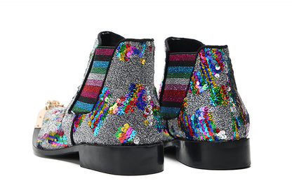 Mens Genuine Leather Metal Pointed Toe Sequins Glitter Ankle Western Chelsea Boots