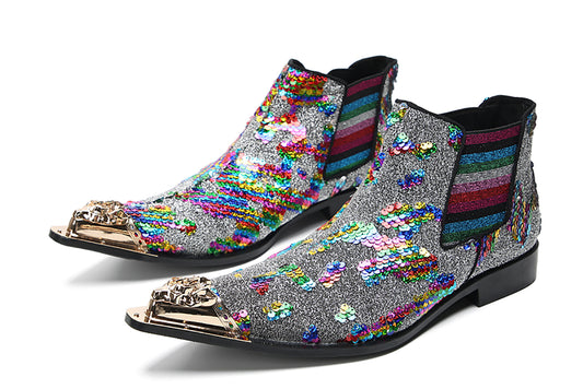 Mens Genuine Leather Metal Pointed Toe Sequins Glitter Ankle Western Chelsea Boots