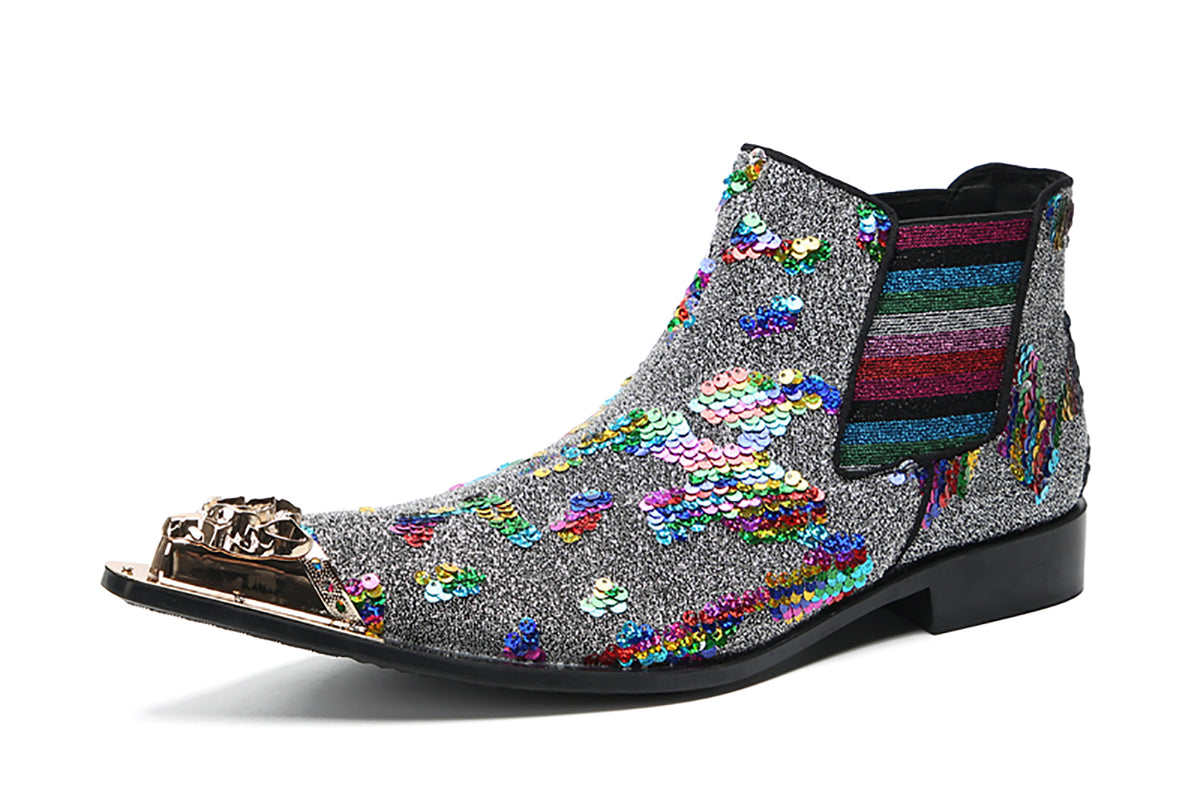 Mens Genuine Leather Metal Pointed Toe Sequins Glitter Ankle Western Chelsea Boots