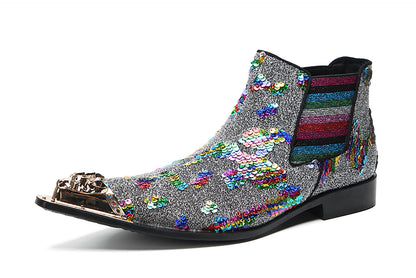 Mens Genuine Leather Metal Pointed Toe Sequins Glitter Ankle Western Chelsea Boots