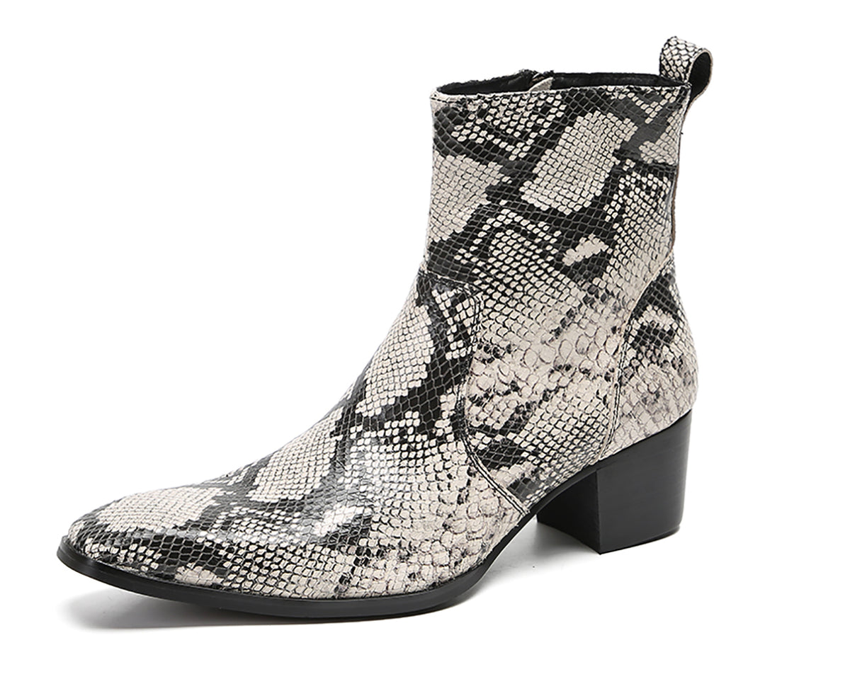 Mens Genuine Leather Plain Toe Snakeskin Texture Ankle Boots