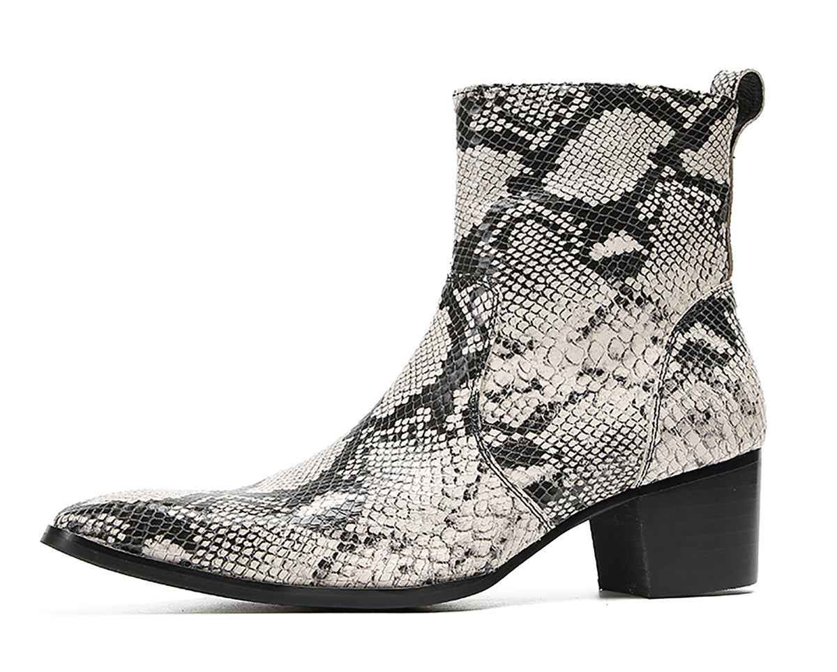 Mens Genuine Leather Plain Toe Snakeskin Texture Ankle Boots