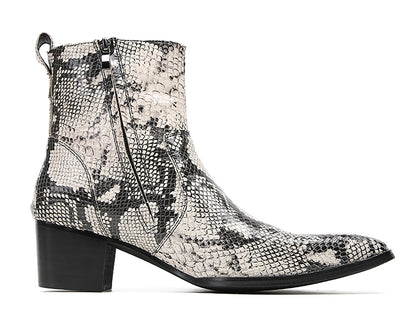 Mens Genuine Leather Plain Toe Snakeskin Texture Ankle Boots