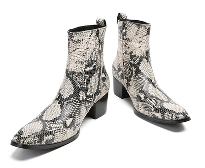 Mens Genuine Leather Plain Toe Snakeskin Texture Ankle Boots
