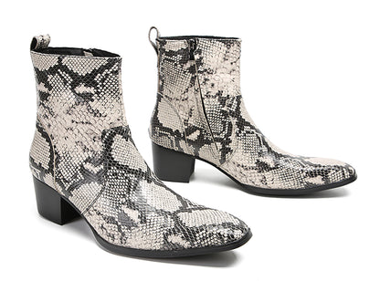 Mens Genuine Leather Plain Toe Snakeskin Texture Ankle Boots