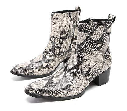 Mens Genuine Leather Plain Toe Snakeskin Texture Ankle Boots