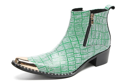 Mens Genunie Leather Metal-Wingtip Two-Sided Zipper Plaid Ankle Western Boots