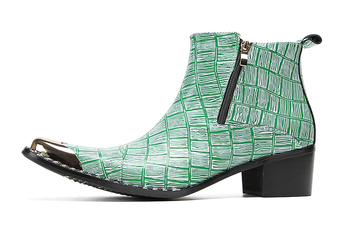Mens Genunie Leather Metal-Wingtip Two-Sided Zipper Plaid Ankle Western Boots
