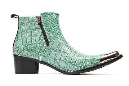 Mens Genunie Leather Metal-Wingtip Two-Sided Zipper Plaid Ankle Western Boots
