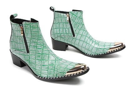 Mens Genunie Leather Metal-Wingtip Two-Sided Zipper Plaid Ankle Western Boots
