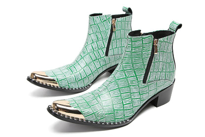 Mens Genunie Leather Metal-Wingtip Two-Sided Zipper Plaid Ankle Western Boots