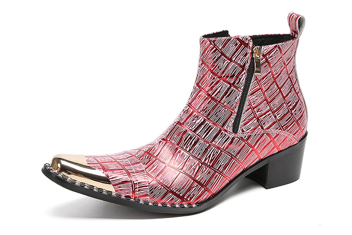 Mens Genunie Leather Metal-Wingtip Two-Sided Zipper Plaid Ankle Western Boots