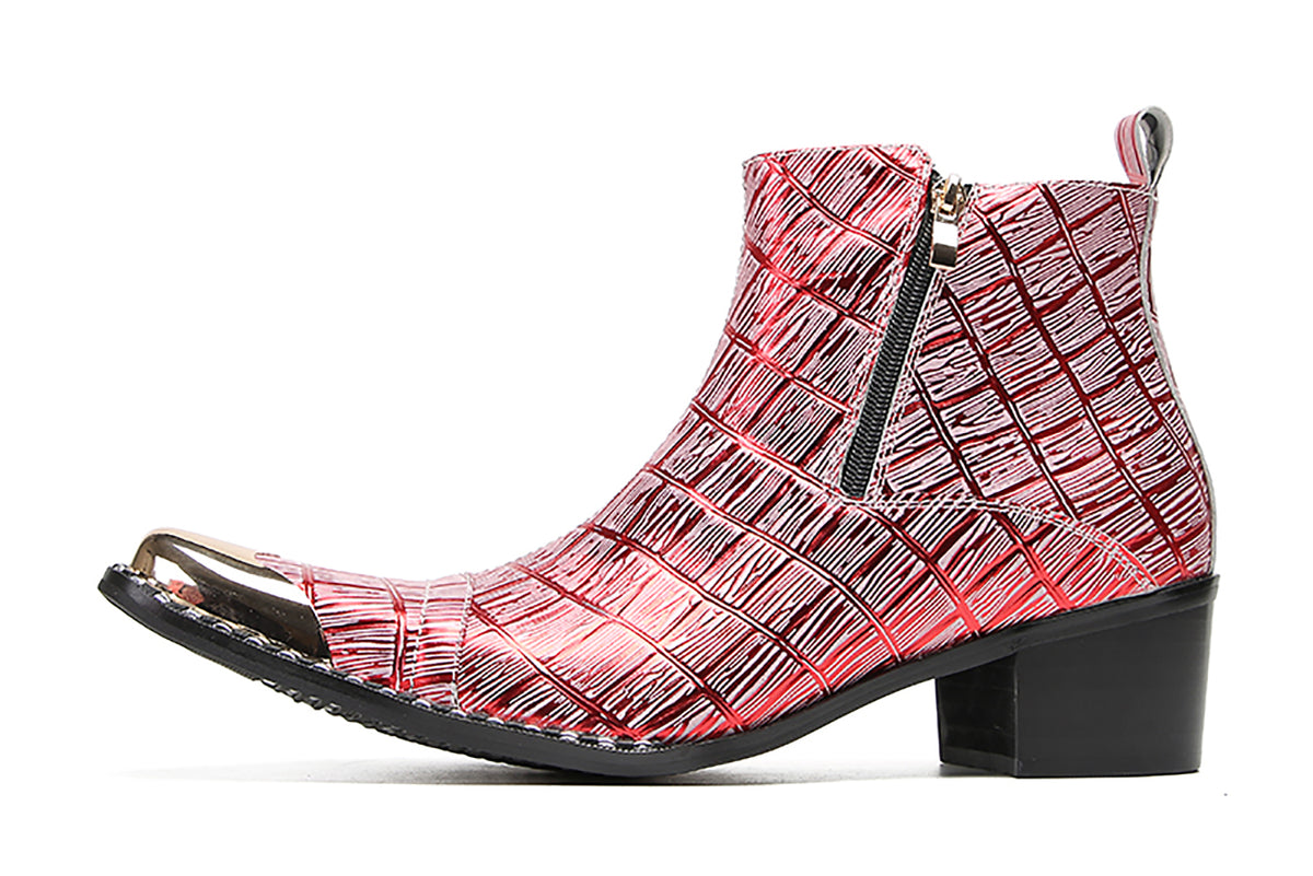 Mens Genunie Leather Metal-Wingtip Two-Sided Zipper Plaid Ankle Western Boots