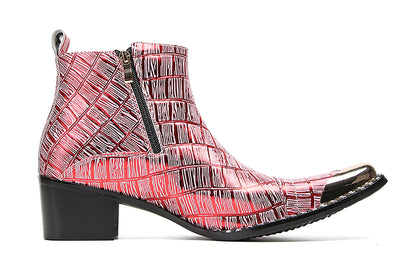 Mens Genunie Leather Metal-Wingtip Two-Sided Zipper Plaid Ankle Western Boots