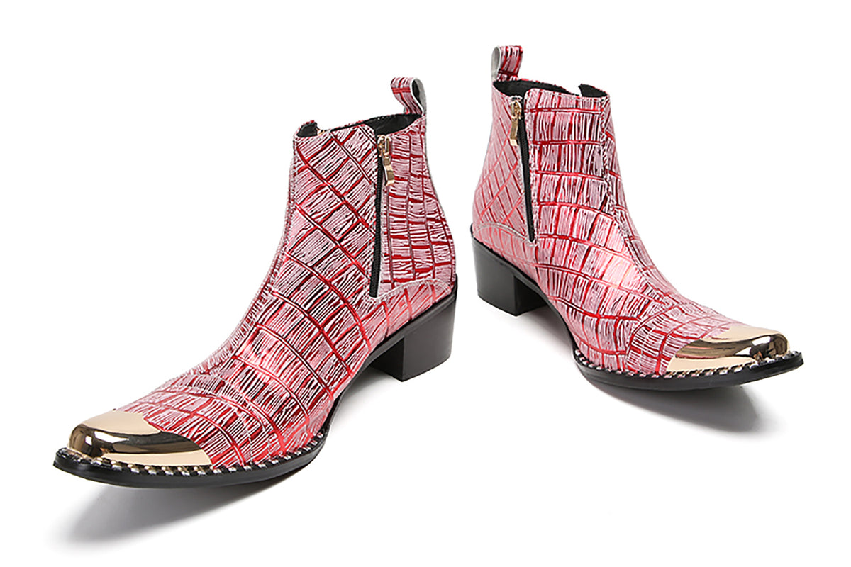 Mens Genunie Leather Metal-Wingtip Two-Sided Zipper Plaid Ankle Western Boots