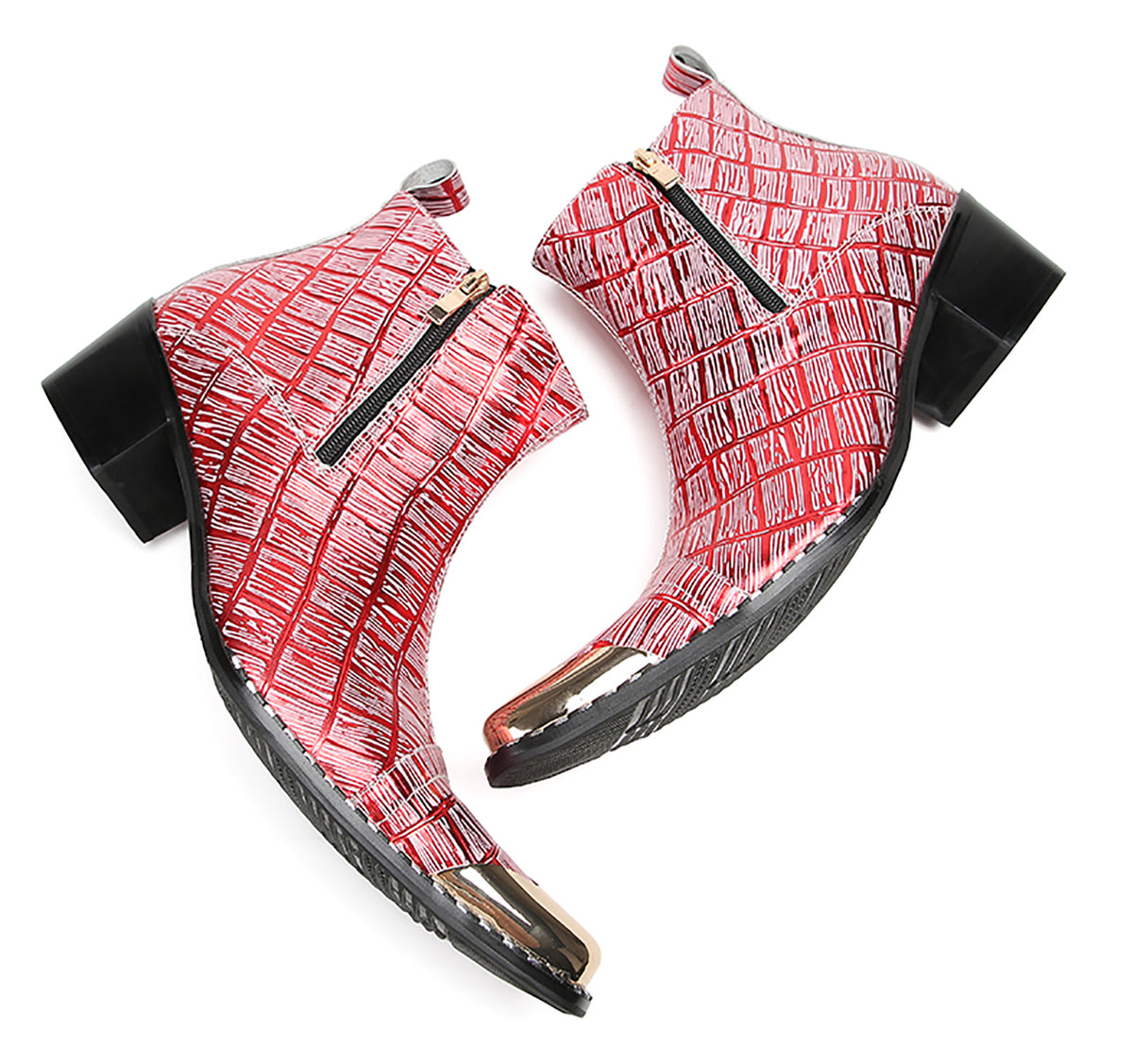 Mens Genunie Leather Metal-Wingtip Two-Sided Zipper Plaid Ankle Western Boots