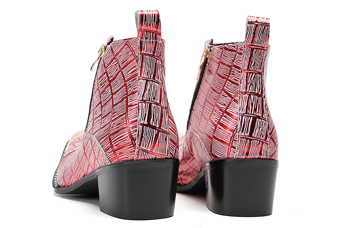Mens Genunie Leather Metal-Wingtip Two-Sided Zipper Plaid Ankle Western Boots