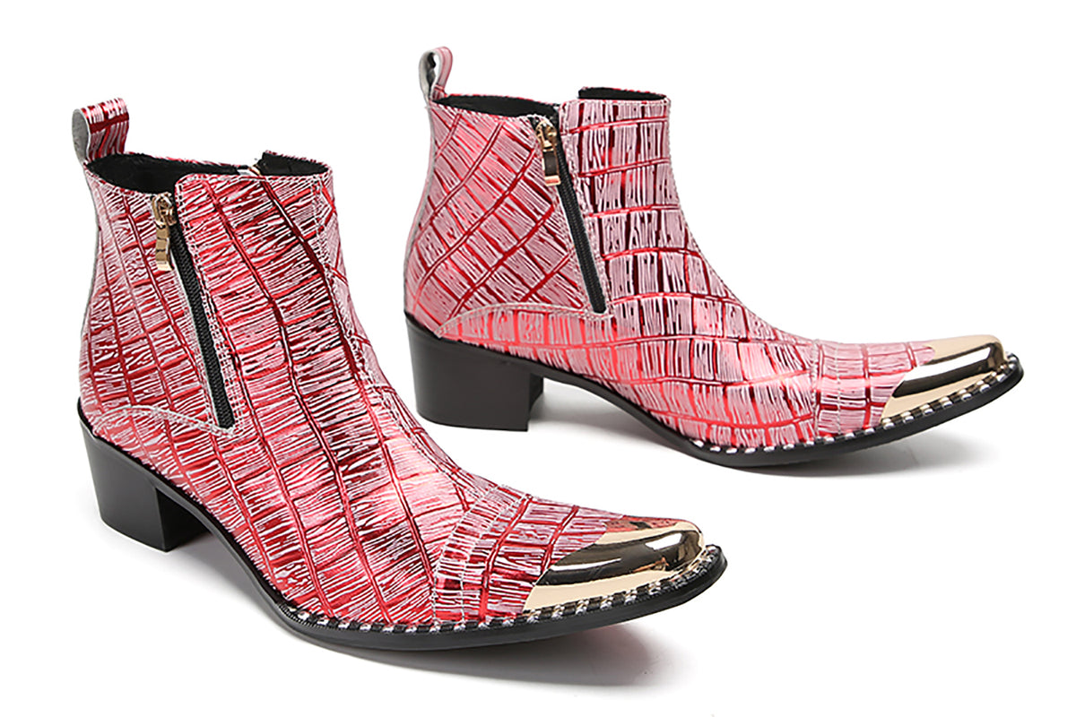 Mens Genunie Leather Metal-Wingtip Two-Sided Zipper Plaid Ankle Western Boots