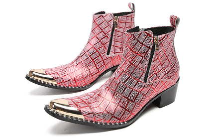 Mens Genunie Leather Metal-Wingtip Two-Sided Zipper Plaid Ankle Western Boots