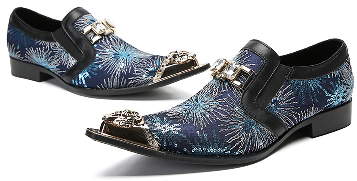 Mens Metal Tip Toe Sequins Fireworks White Diamond Chain Western Loafers