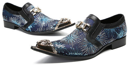 Mens Metal Tip Toe Sequins Fireworks White Diamond Chain Western Loafers