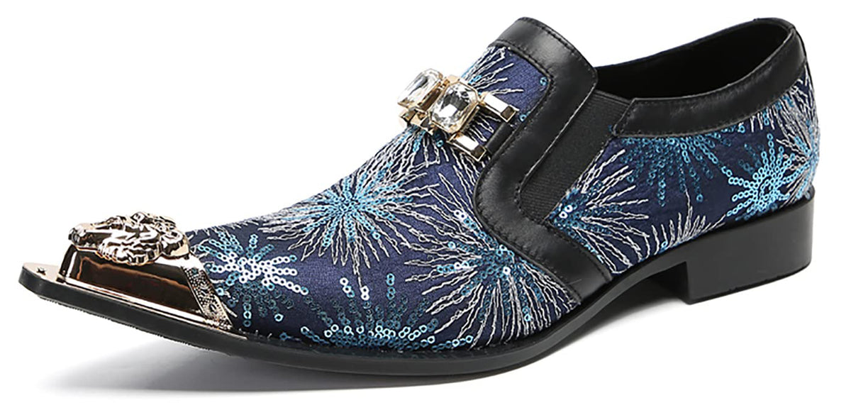 Mens Metal Tip Toe Sequins Fireworks White Diamond Chain Western Loafers
