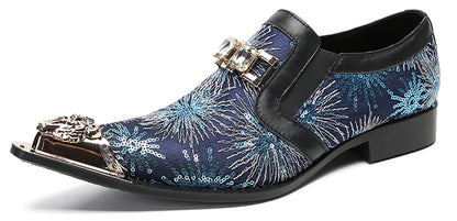 Mens Metal Tip Toe Sequins Fireworks White Diamond Chain Western Loafers