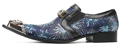Mens Metal Tip Toe Sequins Fireworks White Diamond Chain Western Loafers