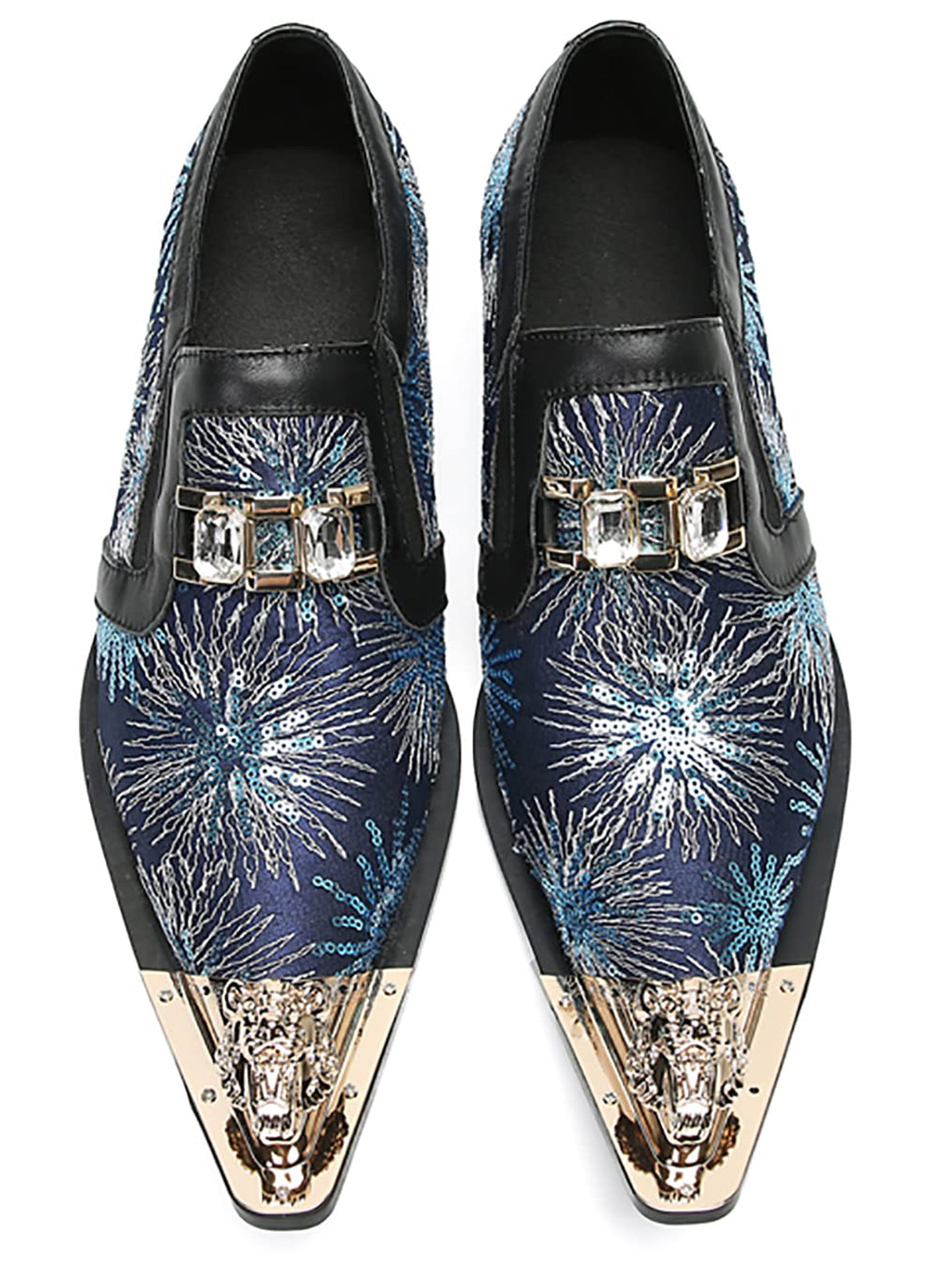 Mens Metal Tip Toe Sequins Fireworks White Diamond Chain Western Loafers