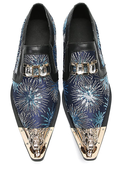 Mens Metal Tip Toe Sequins Fireworks White Diamond Chain Western Loafers