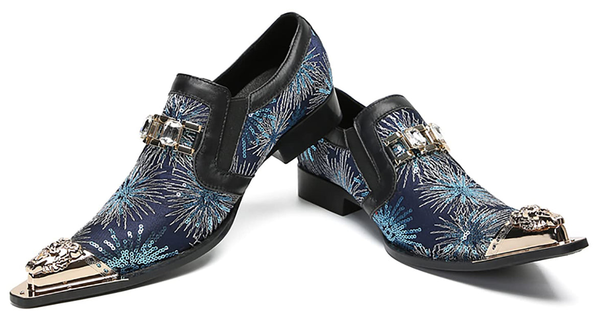 Mens Metal Tip Toe Sequins Fireworks White Diamond Chain Western Loafers