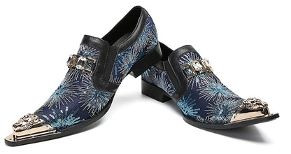 Mens Metal Tip Toe Sequins Fireworks White Diamond Chain Western Loafers
