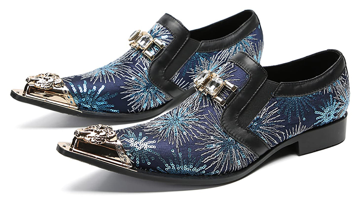 Mens Metal Tip Toe Sequins Fireworks White Diamond Chain Western Loafers