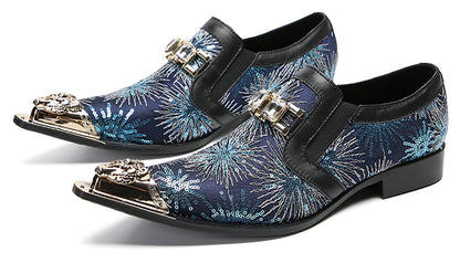 Mens Metal Tip Toe Sequins Fireworks White Diamond Chain Western Loafers