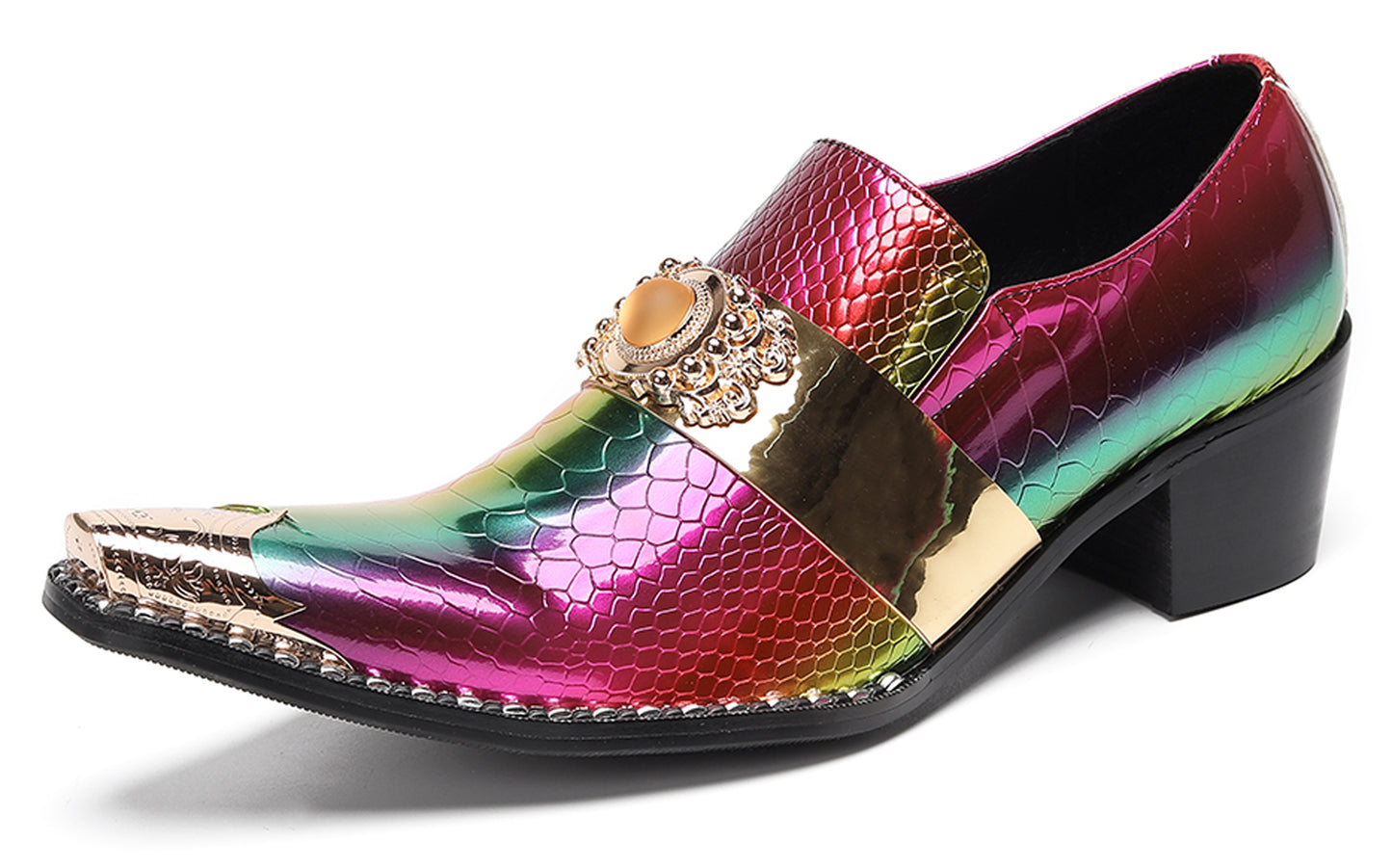Mens Snakeskin Leather Metal Pointed Toe Chunky Heel Western Loafers