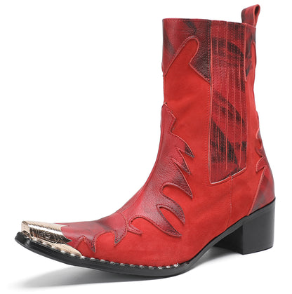 Mens Red Leather Flame Overlay Suede Block Heel Cowboy Western Boots